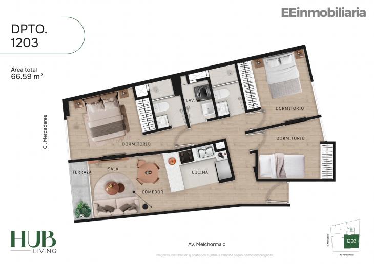 Plano del modelo Dpto. 1203 del proyecto Hub living en Santiago De Surco