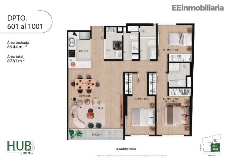 Plano del modelo Tipo 1-B del proyecto Hub living en Santiago De Surco