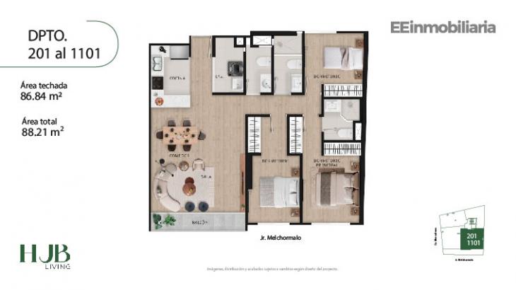 Plano del modelo Tipo 1-B del proyecto Hub living en Santiago De Surco