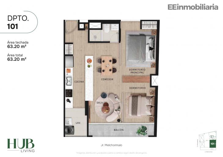 Plano del modelo Dpto. 101 del proyecto Hub living en Santiago De Surco