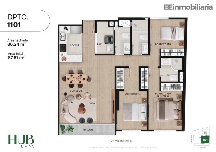 Plano del modelo Dpto. 1101 del proyecto Hub living en Santiago De Surco