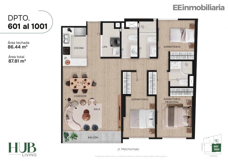 Plano del modelo Tipo 1-B del proyecto Hub living en Santiago De Surco