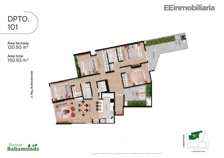 Plano del modelo Dpto. 101 del proyecto Parque Bahamonde en Santiago De Surco