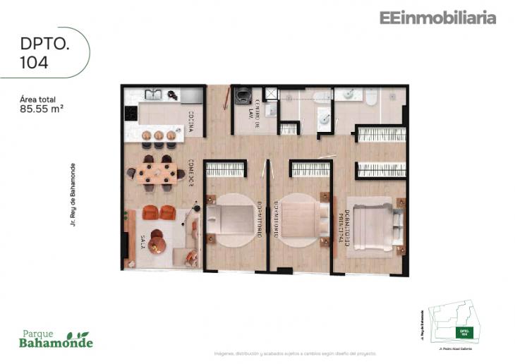 Plano del modelo Dpto. 104 del proyecto Parque Bahamonde en Santiago De Surco
