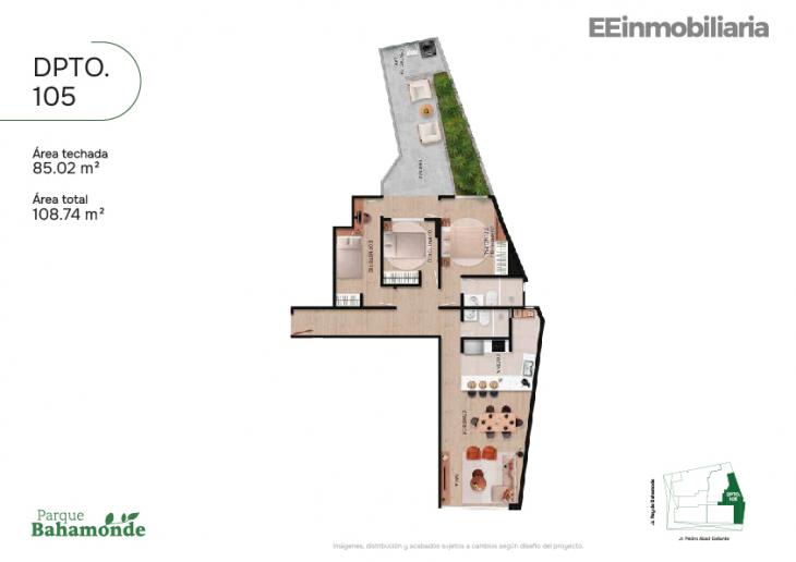 Plano del modelo Dpto. 105 del proyecto Parque Bahamonde en Santiago De Surco