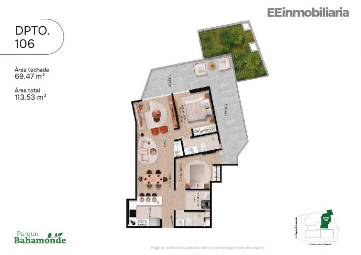 Plano del modelo Dpto. 106 del proyecto Parque Bahamonde en Santiago De Surco