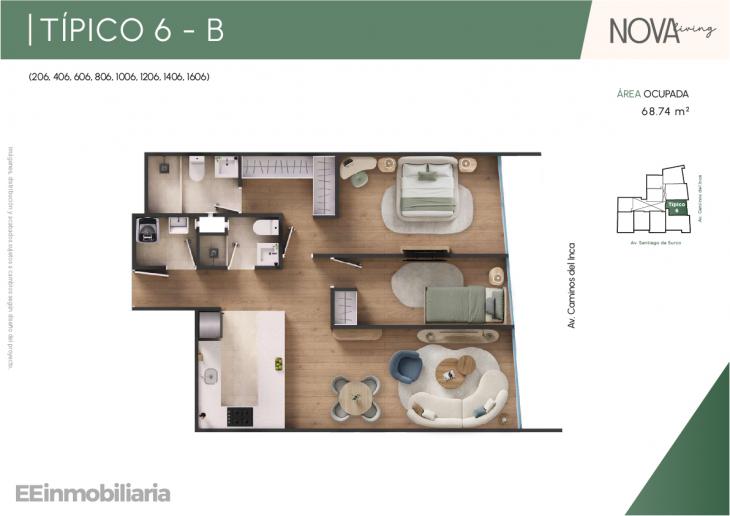 Plano del modelo Típico 6-B del proyecto Nova Living en Santiago De Surco