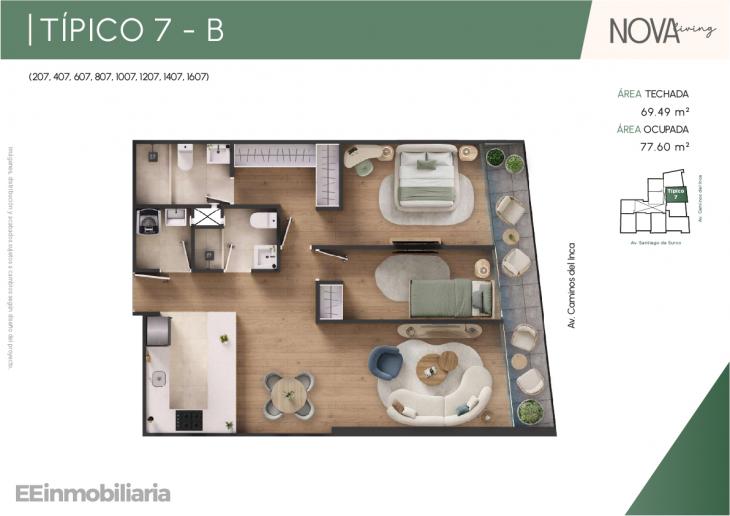 Plano del modelo Típico 7-B del proyecto Nova Living en Santiago De Surco