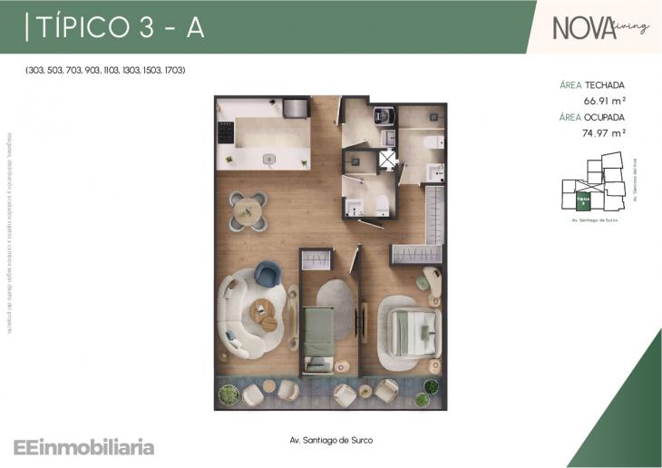 Plano del modelo TípIco 3-A del proyecto Nova Living en Santiago De Surco