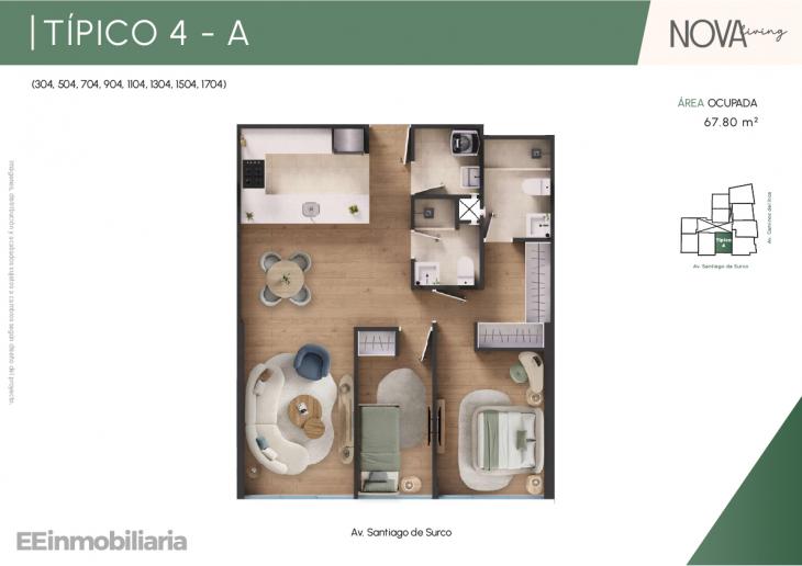 Plano del modelo Típico 4-A del proyecto Nova Living en Santiago De Surco