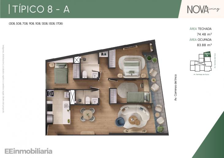 Plano del modelo Típico 8-A del proyecto Nova Living en Santiago De Surco