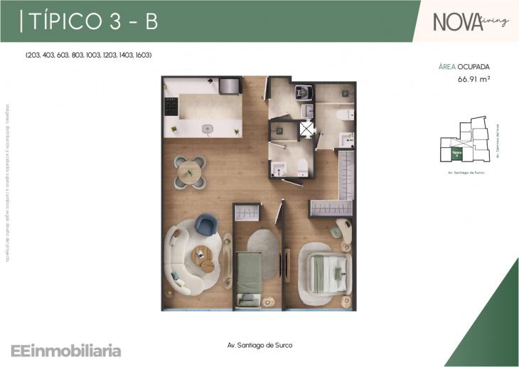 Plano del modelo TípIco 3-B del proyecto Nova Living en Santiago De Surco