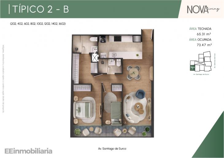 Plano del modelo TípIco 2-B del proyecto Nova Living en Santiago De Surco