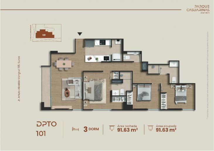 Plano del modelo Dpto. 101 del proyecto Parque Casuarinas en Santiago De Surco