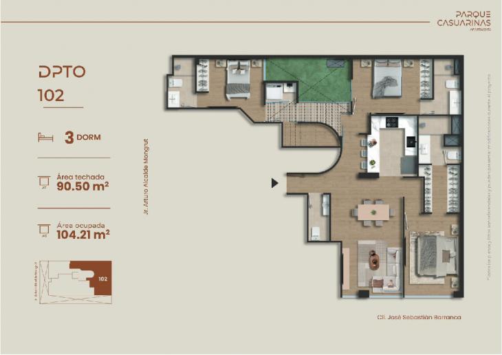 Plano del modelo Dpto. 102 del proyecto Parque Casuarinas en Santiago De Surco