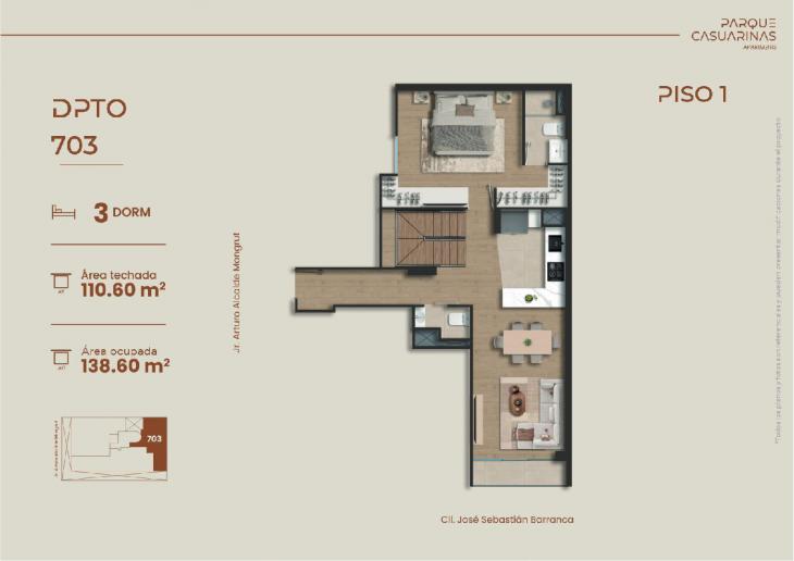 Plano del modelo Dúplex 703 del proyecto Parque Casuarinas en Santiago De Surco