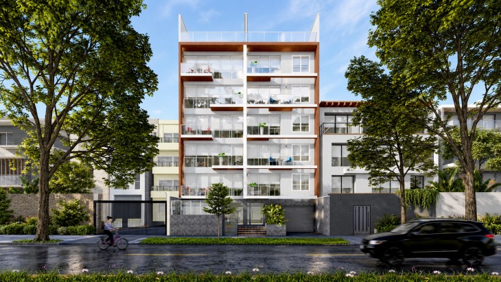 Fachada principal del proyecto Merida 128 en Santiago De Surco