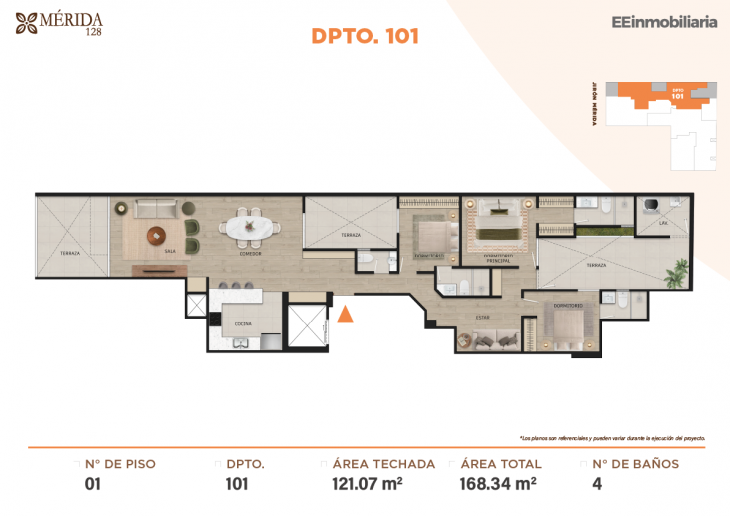 Plano del modelo DPTO. 101 del proyecto Merida 128 en Santiago De Surco