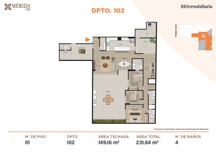 Plano del modelo DPTO. 102 del proyecto Merida 128 en Santiago De Surco