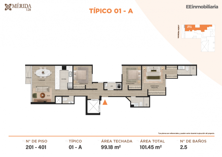 Plano del modelo TIPO 1-A del proyecto Merida 128 en Santiago De Surco