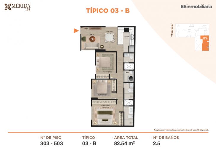 Plano del modelo TIPO 3-B del proyecto Merida 128 en Santiago De Surco