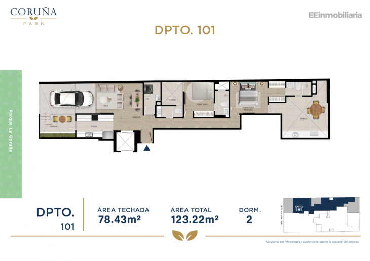 Plano del modelo DPTO. 101 del proyecto Coruña Park en Santiago De Surco