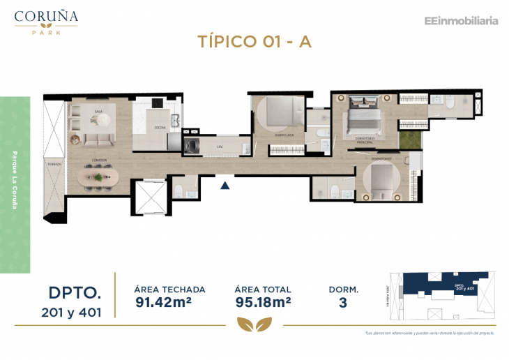 Plano del modelo TIPO 1-A del proyecto Coruña Park en Santiago De Surco
