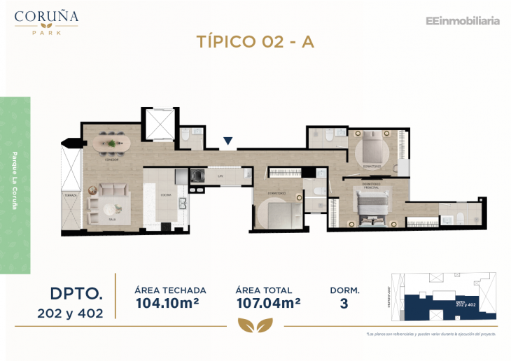 Plano del modelo TIPO 2-A del proyecto Coruña Park en Santiago De Surco
