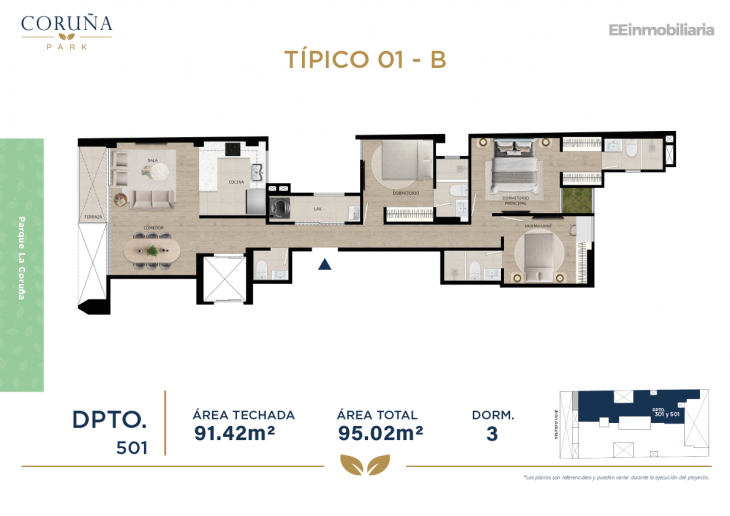 Plano del modelo TIPO 1-B del proyecto Coruña Park en Santiago De Surco