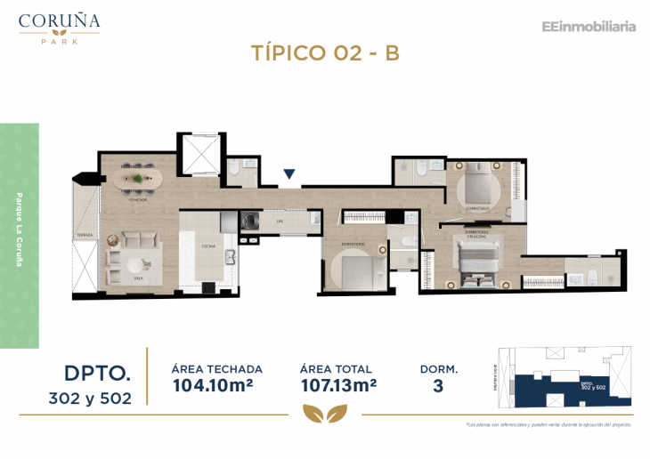 Plano del modelo TIPO 2-B del proyecto Coruña Park en Santiago De Surco