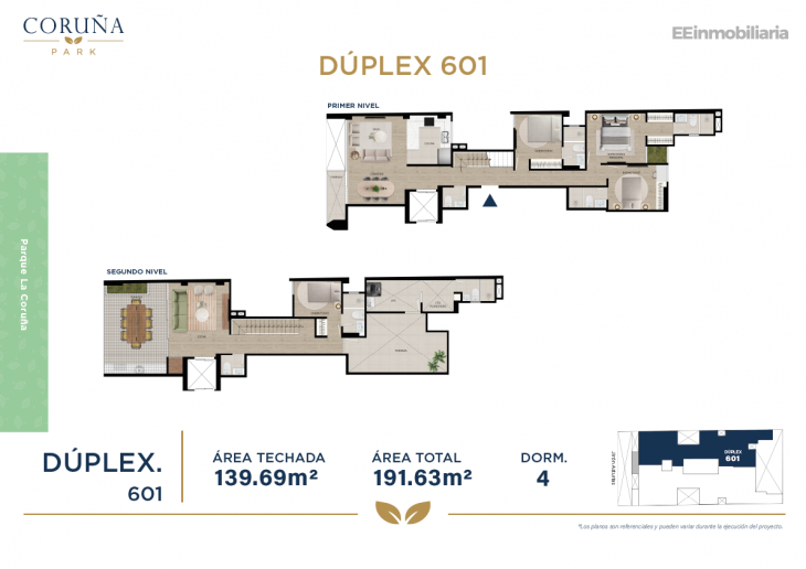 Plano del modelo DÚPLEX 601 del proyecto Coruña Park en Santiago De Surco
