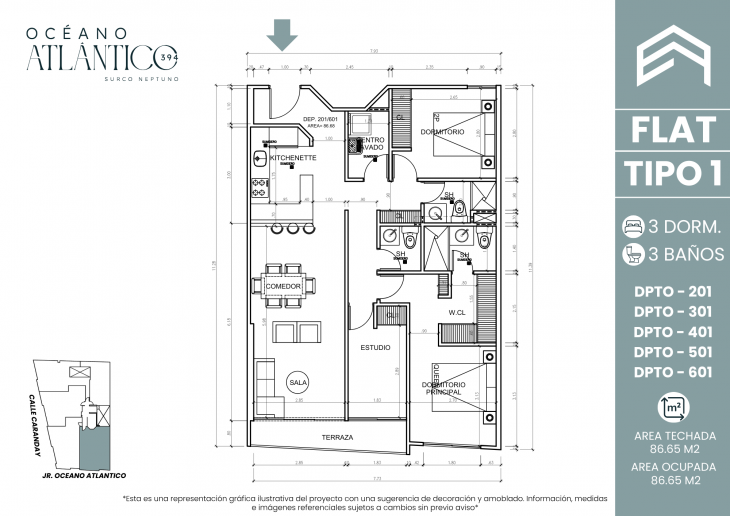 Plano del modelo TIPO 1 del proyecto Oceano Atlántico 394 en Santiago De Surco