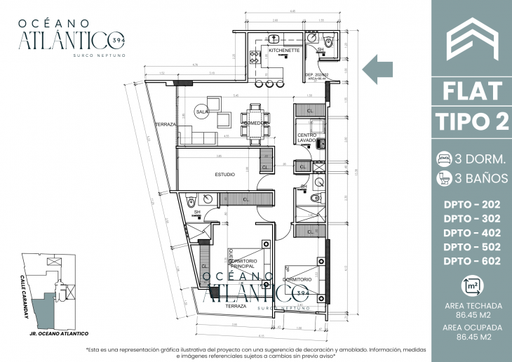 Plano del modelo TIPO 2 del proyecto Oceano Atlántico 394 en Santiago De Surco