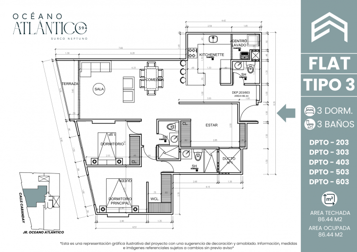 Plano del modelo TIPO 3 del proyecto Oceano Atlántico 394 en Santiago De Surco