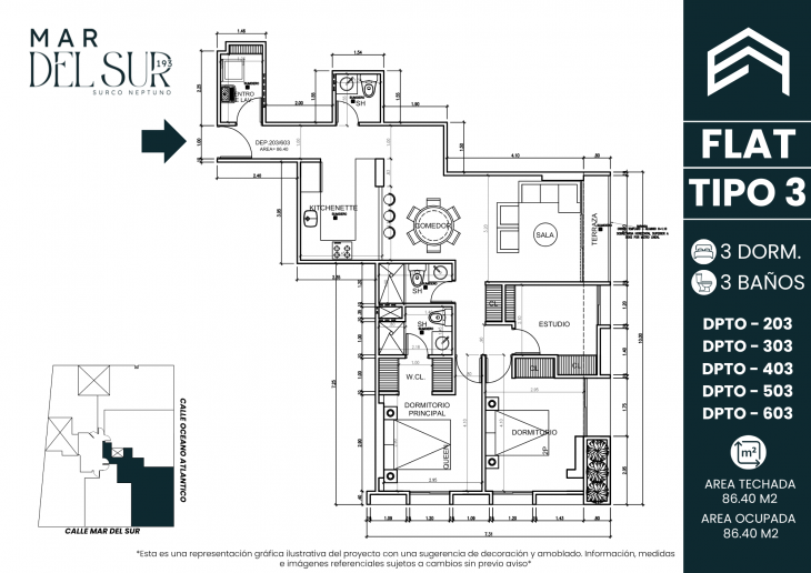 Plano del modelo TIPO 3 del proyecto Mar del Sur 193 en Santiago De Surco