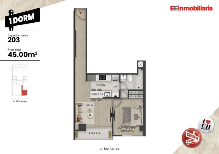 Plano del modelo Dpto. 203 del proyecto Central Home Chacarilla en Santiago De Surco