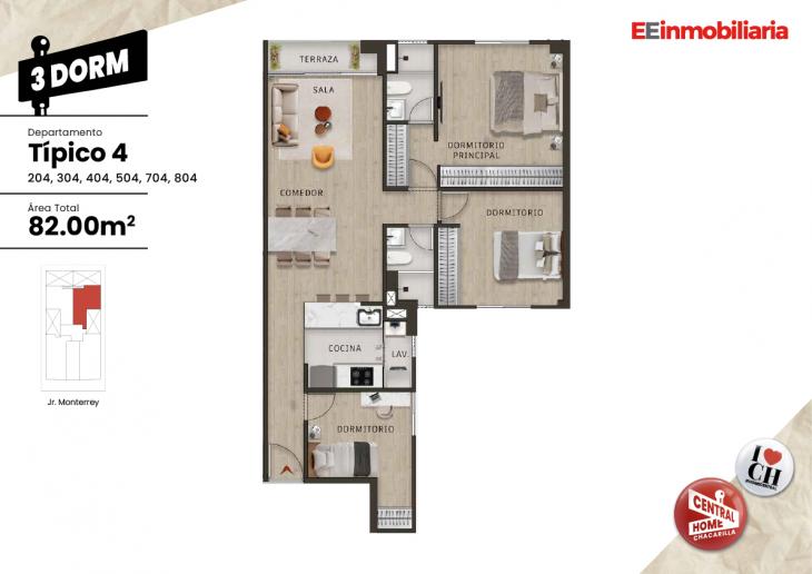 Plano del modelo Dpto. 304 del proyecto Central Home Chacarilla en Santiago De Surco