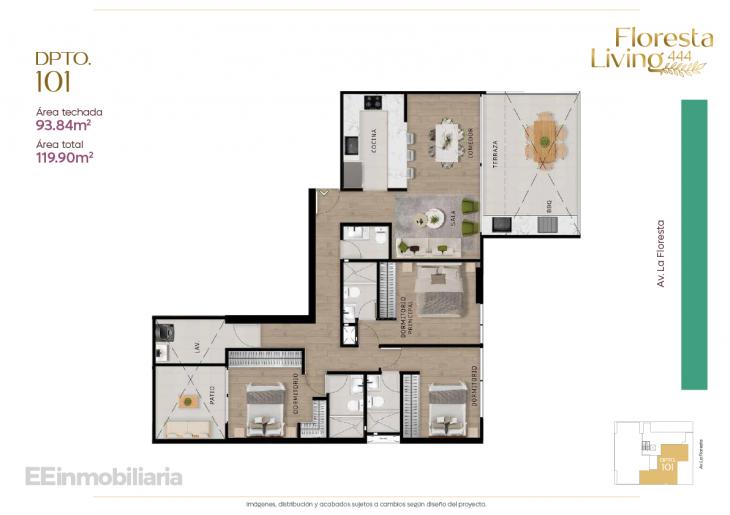 Plano del modelo Dpto. 101 del proyecto Floresta Living 444 en Santiago De Surco