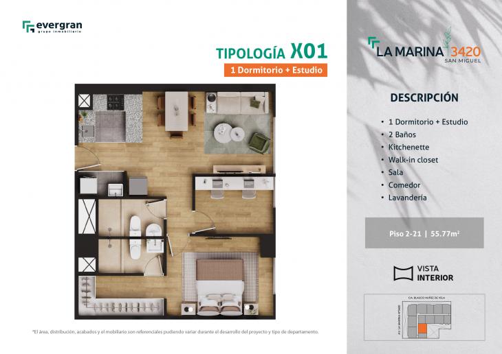 Plano del modelo Tipo 01 del proyecto La Marina 3420 en San Miguel