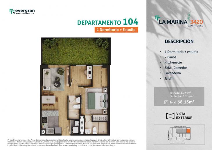Plano del modelo 104 del proyecto La Marina 3420 en San Miguel