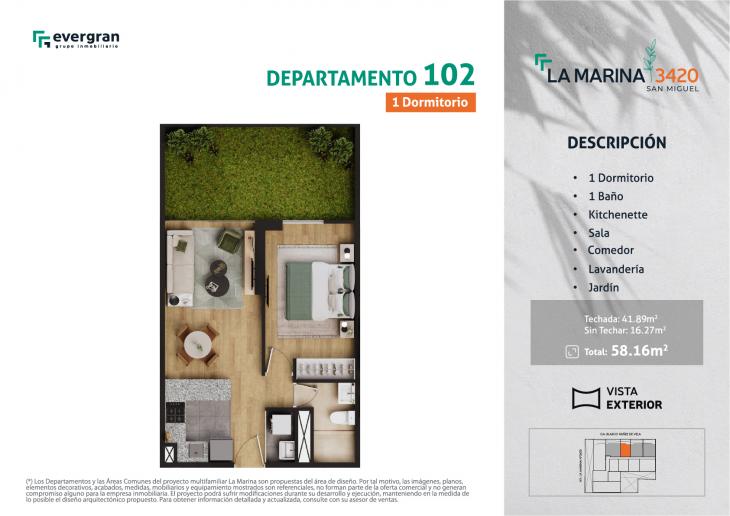 Plano del modelo 102 del proyecto La Marina 3420 en San Miguel