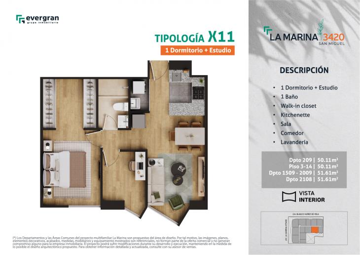 Plano del modelo Tipo 11 del proyecto La Marina 3420 en San Miguel