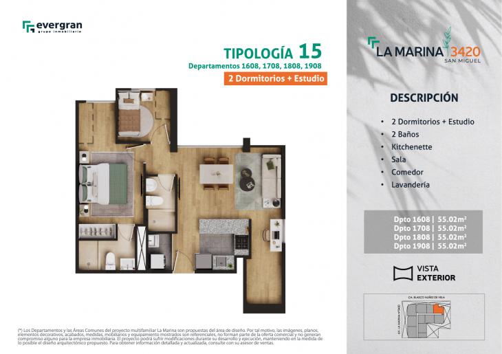 Plano del modelo Tipo 15 del proyecto La Marina 3420 en San Miguel
