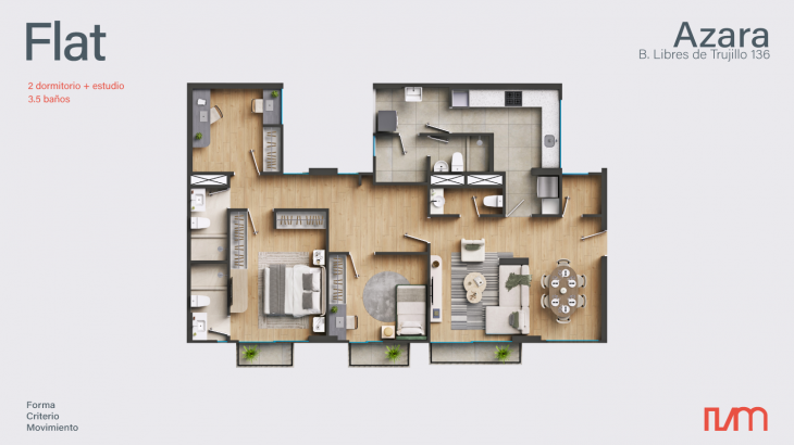 Plano del modelo 2+1E del proyecto AZARA en Santiago De Surco