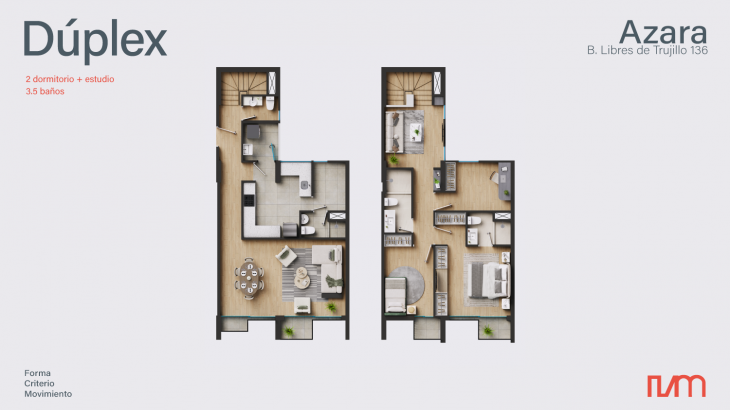 Plano del modelo 2+1E del proyecto AZARA en Santiago De Surco