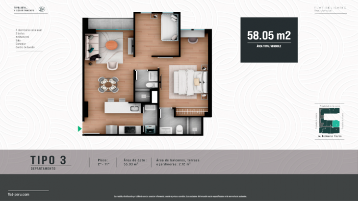 Plano del modelo Tipo 3 del proyecto FLAT BELISARIO en Lince