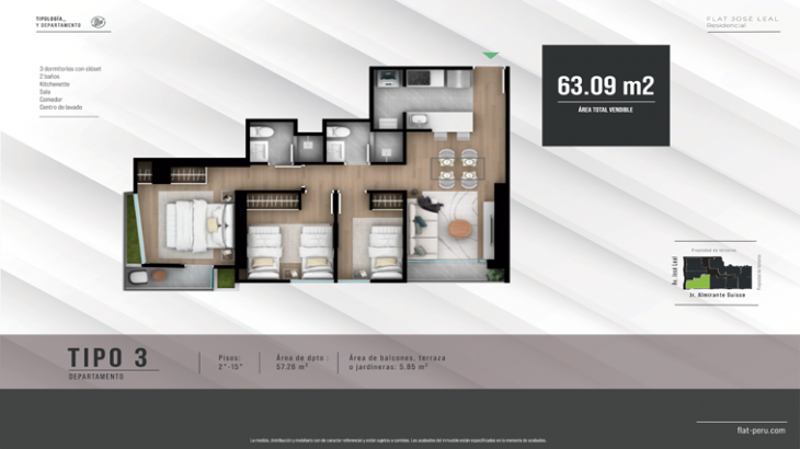 Plano del modelo TIPO 3 del proyecto FLAT JOSÉ LEAL en Lince