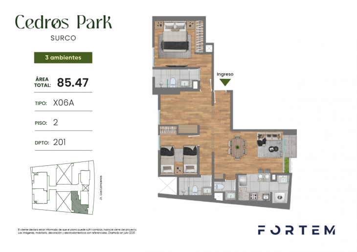 Plano del modelo TD-X06A del proyecto CEDROS PARK en Santiago De Surco