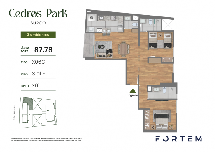 Plano del modelo TD-X06C del proyecto CEDROS PARK en Santiago De Surco