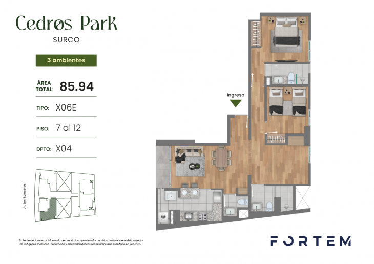 Plano del modelo TD-X06E del proyecto CEDROS PARK en Santiago De Surco